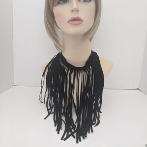 Black Fringe Velvet Necklace Choker Style Long